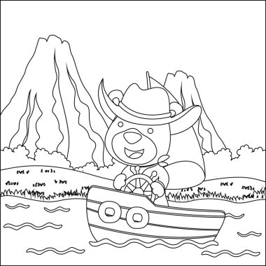 Vector cartoon illustration of cute bear on sailboat with cartoon style. Childish design for kids activity colouring book or page.