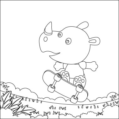 Boyama kitabı ya da üzerinde küçük bir gergedan çizgi film hayvan kaykayı tahtası olan sayfa. Bebek odası posteri, tişört baskısı, çocuk kıyafetleri, tebrik kartı, etiket, yama veya çıkartma için Clipart seti.