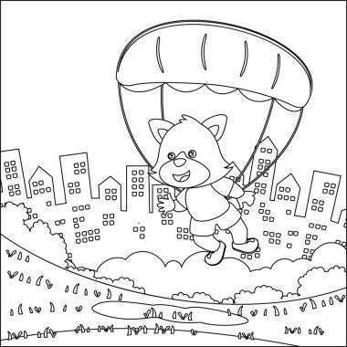Çocuk aktivite kitabı ya da sayfa boyama için çizgi film stili çocuksu tasarımı olan küçük tilki ile gökyüzü dalışının vektör çizimi.