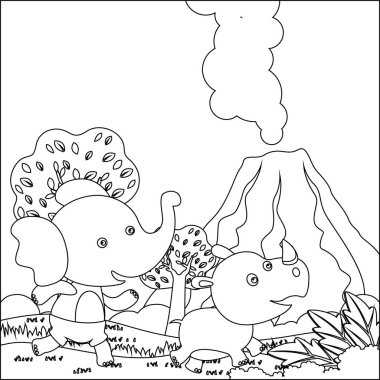 Küçük şirin fil ve gergedan bataklıkta oynuyorlar. Çocuk aktivite kitabı ya da sayfa boyama için yaratıcı vektör tasarımı.