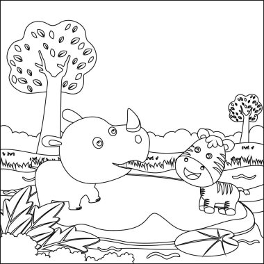 Küçük şirin gergedan ve zebra bataklıkta oynuyorlar. Çocuk aktivite kitabı ya da sayfa boyama için yaratıcı vektör tasarımı.