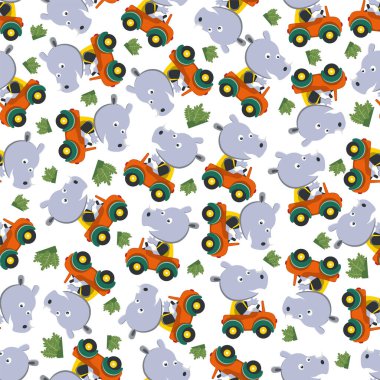 Yoldaki komik gergedanın kusursuz şablonu. Kumaş, tekstil, bebek odası duvar kâğıdı, poster, kart, broşür için yaratıcı çocuksu bir geçmiş. ve diğer dekorasyon.