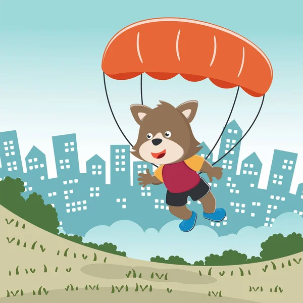 Vector Illustration Cute Fox Flying Parachute Cartoon Style Creative Vector — Vettoriale Stock