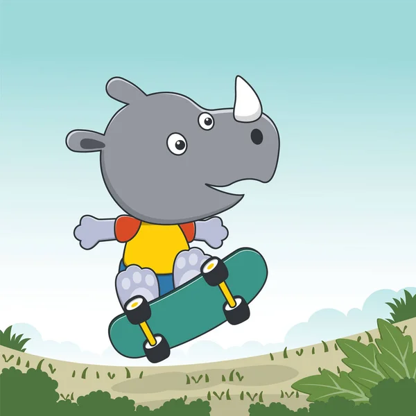 Bonito Personagem Desenho Animado Rinoceronte Skater Impressão Vetorial Com Urso — Vetor de Stock