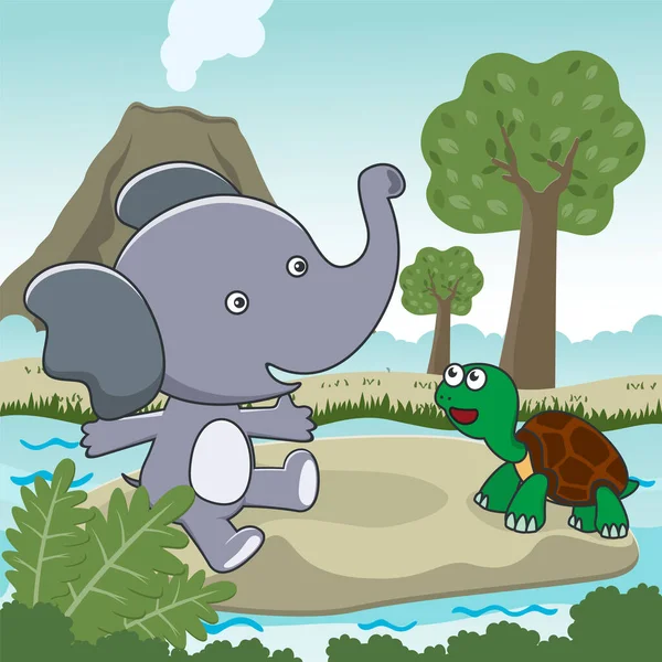 Vector Cartoon Illustratie Van Schattige Kleine Olifant Schildpad Spelen Jungle — Stockvector