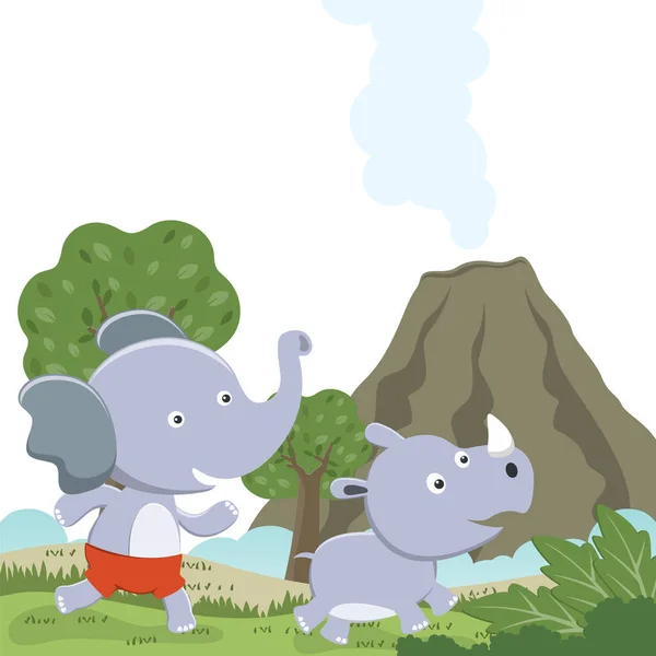 귀여운 코끼리와 코뿔소는 아프리카 재미있는 코끼리 그림을 그리고 Shirt 어린이용 — 스톡 벡터