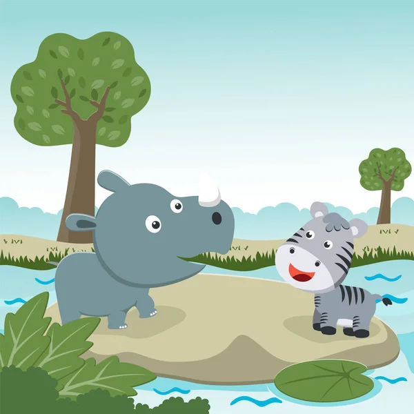 Vector Cartoon Illustratie Van Schattige Kleine Neushoorn Zebra Spelen Jungle — Stockvector