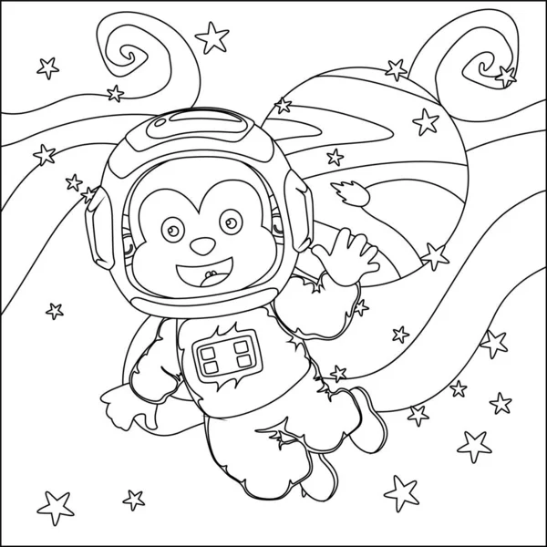Vector Children Coloring Book Cute Monkey Astronaut Flies Space Star — Stock Vector