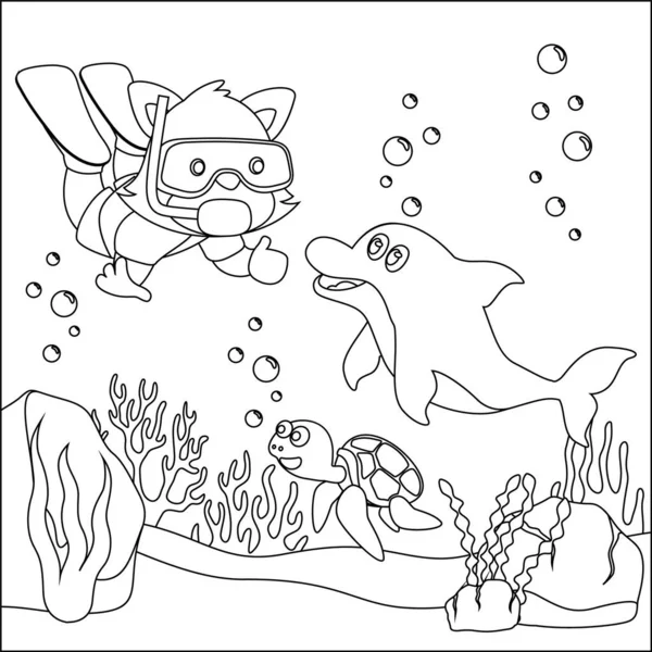 Vektor Cartoon Illustration Des Kleinen Bären Und Delfintauchens Unterwasser Mit — Stockvektor