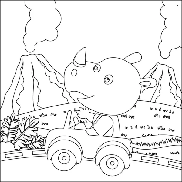 Desenhos Animados Vetoriais Rinoceronte Engraçado Dirigindo Carro Selva Desenhos Animados —  Vetores de Stock