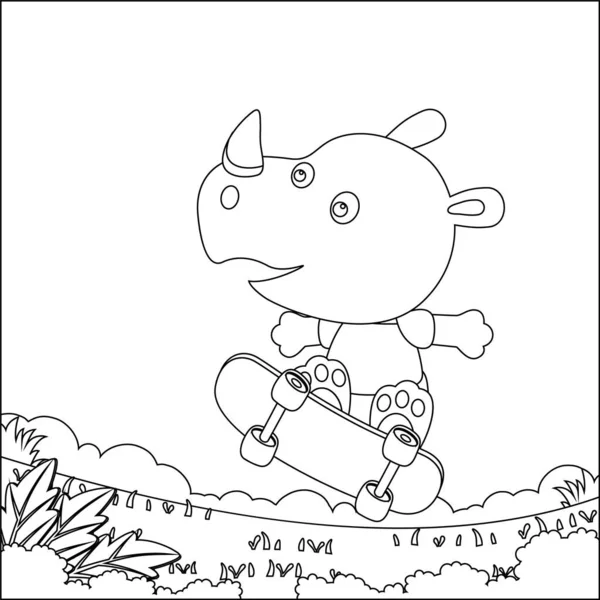 Colorir Livro Página Com Bonito Pequeno Rinoceronte Desenho Animado Skate —  Vetores de Stock