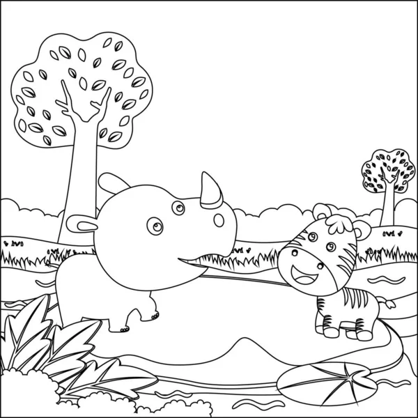 Cute Little Rhino Zebra Play Swamp Creative Vector Childish Design — Stock Vector