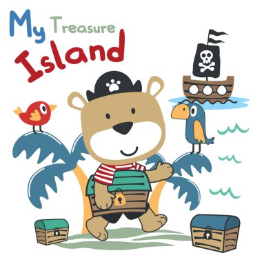 Hazine sandıklı komik hayvan korsanlarının vektör çizimi, çıkartmalar ve tişörtler için uygun çocuklar, gömlek baskısı tasarımı, moda grafiği ve diğer dekorasyonlar..