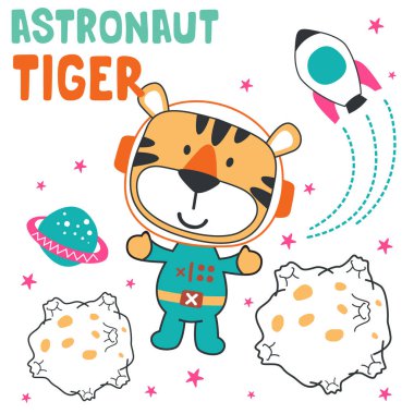 Çizgi film astronotlarının vektör çizimi. Uzayda küçük bir hayvan. Çıkartmalar ve tişörtler için uygun..
