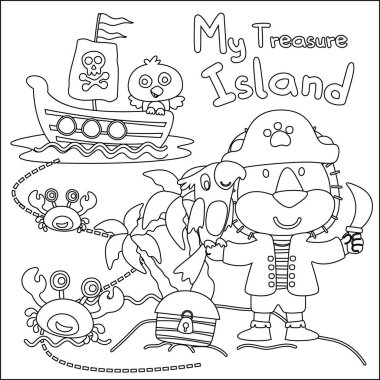 Hazine sandığı olan komik hayvan korsanlarının vektör çizimi, çocuk için çocuksu tasarım aktivite kitabı ya da sayfa boyama.