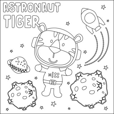 Tatlı astronotların vektör çizimi uzayda küçük bir hayvan, çocuk aktivite kitabı ya da sayfa boyama için çocuksu tasarımı.