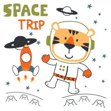 Çizgi film astronotlarının vektör çizimi. Uzayda küçük bir hayvan. Çıkartmalar ve tişörtler için uygun..