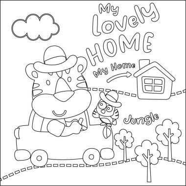 Beyaz arabayı kullanan komik hayvanın vektör çizimi. Çocuklar için çocuksu tasarım aktivite boyama kitabı ya da sayfa.