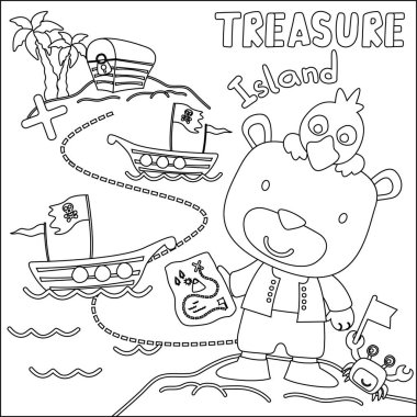 Hazine sandığı olan komik hayvan korsanlarının vektör çizimi, çocuk için çocuksu tasarım aktivite kitabı ya da sayfa boyama.