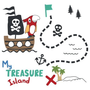 Korsan kuşun vektör illüstrasyonu hazineyi çizgi film tarzında buldu. Korsan bayrağı, hazine sandığı. Beyaz arkaplanda izole et.