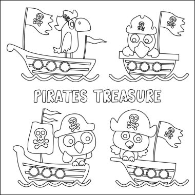 Korsan kuşun vektör illüstrasyonu hazineyi çizgi film tarzında buldu. Korsan bayrağı, hazine sandığı. Beyaz arka planda izole edin. Çocuklar için çocuksu tasarım aktivite boyama kitabı ya da sayfa.