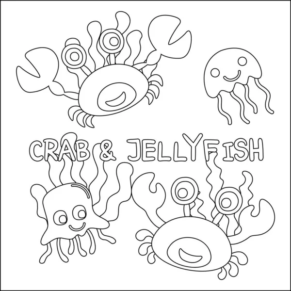 Kartun Hewan Laut Ditetapkan Kepiting Lucu Dan Ubur Ubur Desain - Stok Vektor
