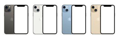 Magelang, Endonezya - 30 Eylül 2021. iPhone 13 'ün dört renkli koleksiyonu (Graphite, Gold, Sierra Blue, ve Silver). Ekran iPhone 'unu ve arka taraf iphone' unu çalıştır