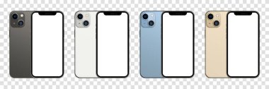 Magelang, Endonezya - 30 Eylül 2021. iPhone 13 'ün dört renkli koleksiyonu (Graphite, Gold, Sierra Blue, ve Silver). Ekran iPhone 'unu ve arka telefonu çalıştır