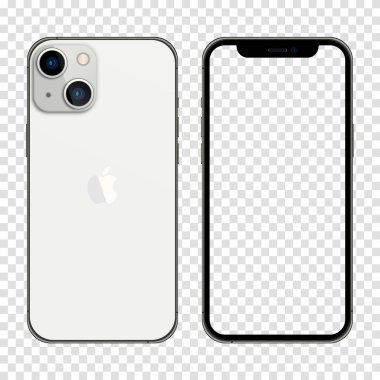 iPhone 13 gümüş rengi. Gerçekçi bir akıllı telefon modeli. Vektör illüstrasyonu