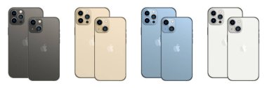Yeni iPhone 13, Pro Max, iPhone 13 Pro, Mini. Arka taraftaki iPhone 'u taklit et. Vektör illüstrasyonu