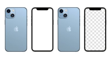 MAGELANG, INDONEZYA - 5 Ekim 2021: Yeni iPhone 13 Sierra Blue rengi Apple Inc. Screen iphone ve arka taraf iPhone. Vektör illüstrasyonu
