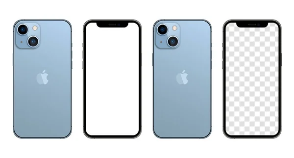 MAGELANG, INDONEZYA - 5 Ekim 2021: Yeni iPhone 13 Sierra Blue rengi Apple Inc. Screen iphone ve arka taraf iPhone. Vektör illüstrasyonu