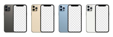 Magelang, Endonezya - Ekim 06, 2021. iPhone 13 'ün dört renkli koleksiyonu (Graphite, Gold, Sierra Blue, ve Silver). Ekran iPhone 'unu ve arka telefonu çalıştır