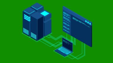 Büyük veri işleme merkezi döngüsü kavramı. Isometric Veri Merkezi. Sunucu ya da veri merkezi oda konsepti. 4K kusursuz döngü video görüntüleri.