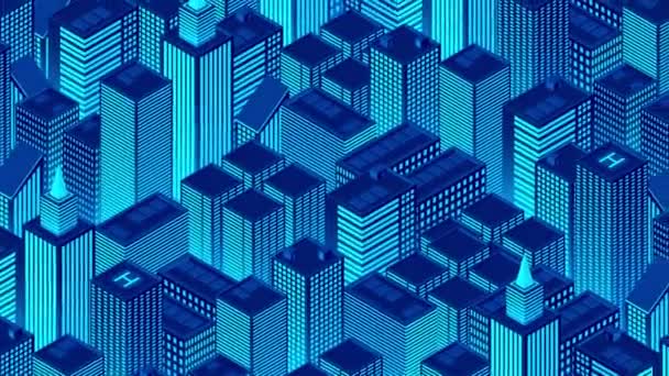 Ciudad Futurista Cyberpunk Con Rascacielos Cámara Mueve Través Ciudad Isométrica — Vídeo de stock