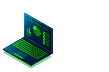 Konsept iş stratejisi, dizüstü bilgisayarlı web pankartı, Analiz verileri ve Yatırım temalı, Teknoloji temalı, dizüstü bilgisayar ve bilgi öğeleri ile mali inceleme, 3d izometrik, Vektör illüstrasyonu.