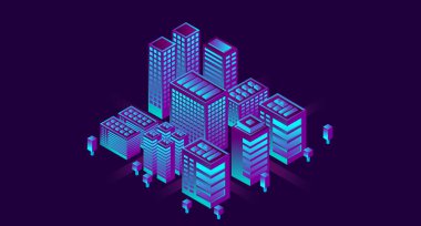 Geleceği parlak bir şehir. Isome akıllı şehir illüstrasyonu. Akıllı binalar. Gökdelenleri ve akıllı binaları olan iş merkezi