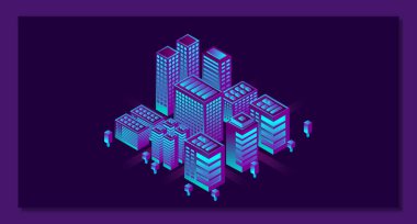 Geleceği parlak bir şehir. Isome akıllı şehir illüstrasyonu. Akıllı binalar. Gökdelenleri ve akıllı binaları olan iş merkezi