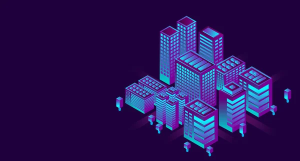 Cidade Inteligente Estilo Futurista Ilustração Isométrica Cidade Inteligente Edifícios Inteligentes — Vetor de Stock
