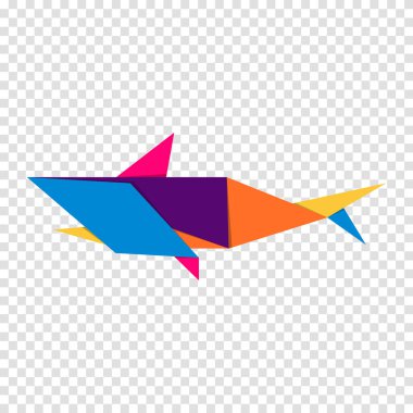 Köpekbalığı origamisi. Soyut renkli canlı köpekbalığı logosu tasarımı. Hayvan origamisi. Vektör illüstrasyonu