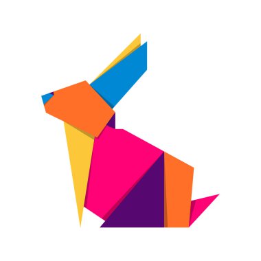 Tavşan origamisi. Soyut renkli canlı tavşan logosu tasarımı. Hayvan origamisi. Vektör illüstrasyonu