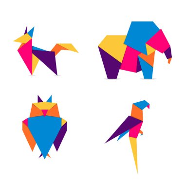 Hayvanların origamisini ayarla. Soyut renkli canlı hayvan logosu tasarımı. Hayvan origamisi