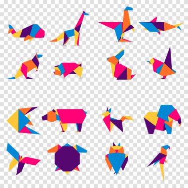 Hayvanların origamisini ayarla. Soyut renkli canlı hayvan logosu tasarımı. Hayvan origamisi. Vektör illüstrasyonu