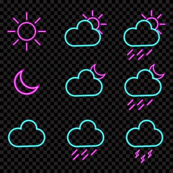 Wettervorhersage Neonlicht Symbole Gesetzt Vektorillustration — Stockvektor