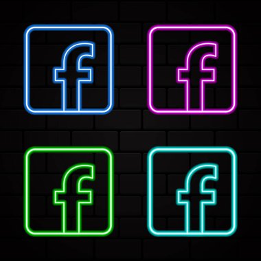 Facebook vektör logosu ayarlandı. Sosyal medya neon levhası. Vektör çizimi. Facebook neon tabelası. Sosyal medya ve mobil uygulama için neon biçiminde vektör illüstrasyonu