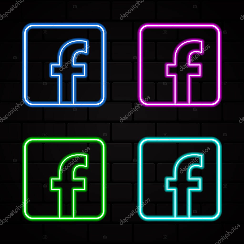 Facebook vector logo icon set. Social media neon sign. Vector illustration. Facebook neon sign. Vector illustration in neon style for social media and mobile application