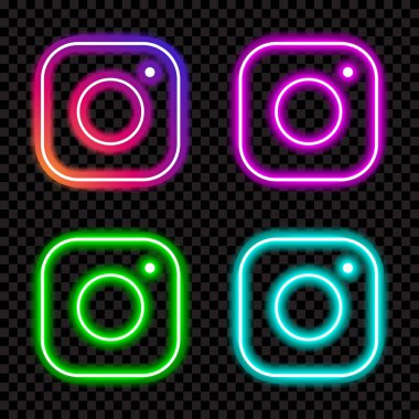 Instagram vektör logo simgesi ayarlandı. Sosyal medya neon levhası. Vektör çizimi. Instagram neon işareti. Sosyal medya ve mobil uygulama için neon biçiminde vektör illüstrasyonu