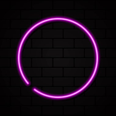 Neon işareti daire şeklinde. Parlak neon ışığı. Siyah arka planda parlayan mor neon. 80 'ler ve 90' lar tarzında imza panosu ya da afiş şablonu.