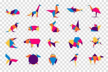Hayvanların origamisini ayarla. Soyut renkli canlı hayvan logosu tasarımı. Hayvan origamisi. Vektör illüstrasyonu