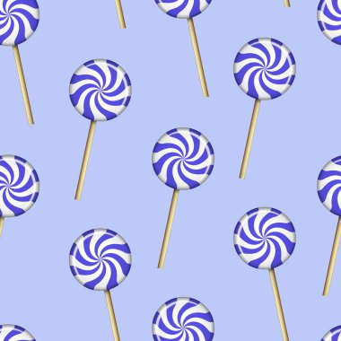 Mor lolipoplu kusursuz desen izole edilmiş. Çizgi film tarzı tatlı şeker vektör duvar kâğıdı.